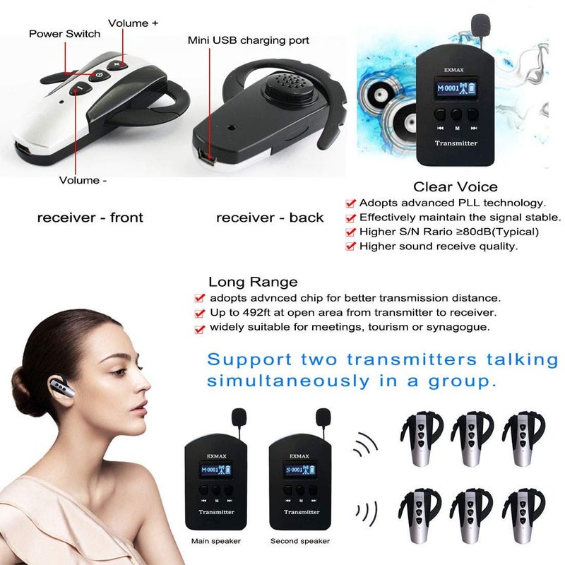 EXMAX EXD-6824 2.4G Wireless Voice Audio Transmission Tour Guide System for Churches Interpreter Translation Business Visting Convention Teaching Training Private Talking (1 Transmitter 3 Receivers) - Image 5